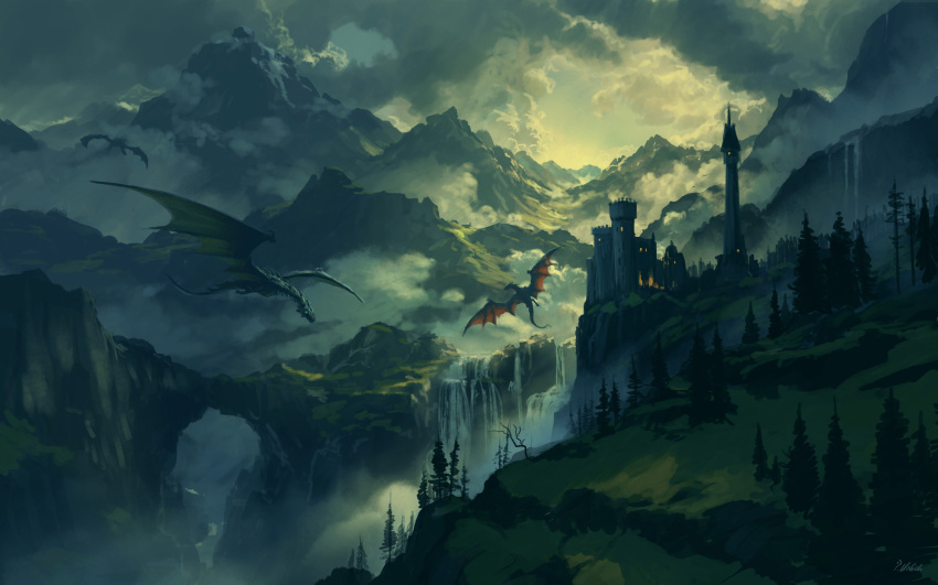 above_clouds absurdres building castle clouds cloudy_sky commentary dragon english_commentary fantasy flying from_above highres landscape mountain mountainous_horizon no_humans original outdoors philipp_urlich scenery sky tree water waterfall