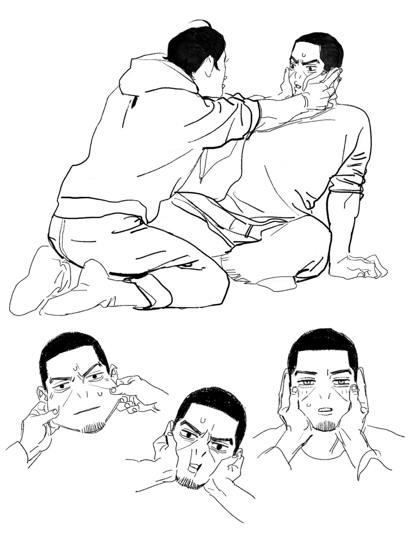 2boys buzz_cut cheek_pull cheek_squash chengongzi123 contemporary facial_hair facing_another full_body goatee_stubble golden_kamuy hands_on_another's_face highres hood hoodie indian_style kneeling koito_otonoshin lineart long_sleeves looking_at_another looking_at_viewer male_focus multiple_boys multiple_views pants short_hair simple_background sitting socks stubble tsukishima_hajime very_short_hair white_background