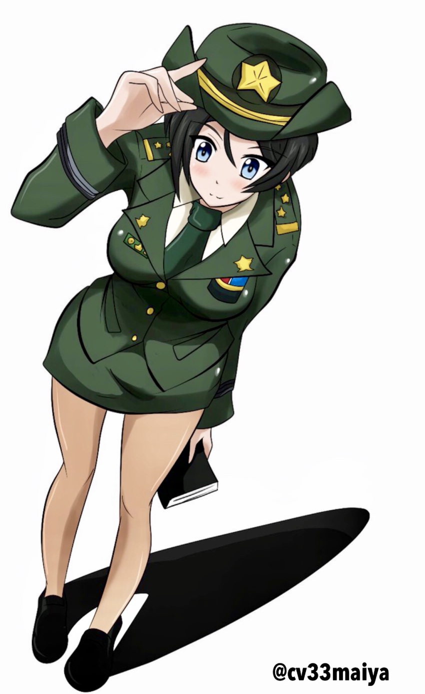 1girl chouno_ami girls_und_panzer green_shirt japan_self-defense_force military military_uniform necktie pencil_skirt