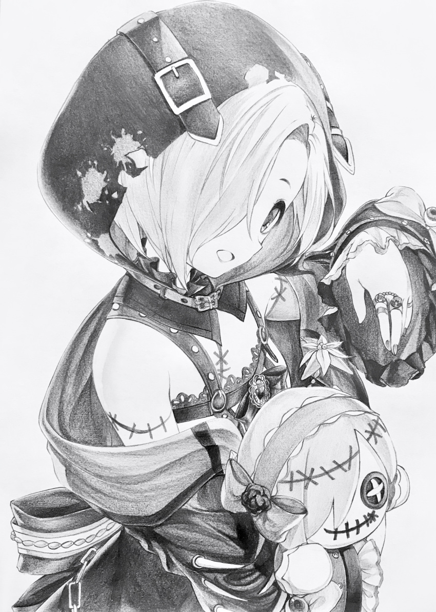 1girl absurdres character_doll detached_hood doll greyscale hair_over_one_eye highres holding holding_doll hood hood_up idolmaster idolmaster_cinderella_girls jewelry looking_at_viewer monochrome multiple_rings off_shoulder open_mouth ring robe sasa_koutoyomu shirasaka_koume short_hair simple_background solo stitches traditional_media upper_body white_background wide_sleeves