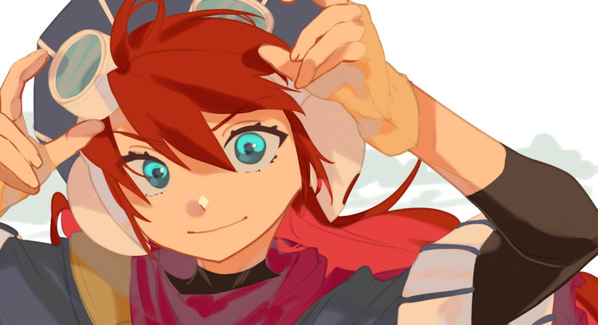1boy blue_eyes closed_mouth fingerless_gloves gloves goggles goggles_on_headwear grandia grandia_i hat jbeixu937jrhdk justin_(grandia) long_hair looking_at_viewer male_focus redhead smile solo