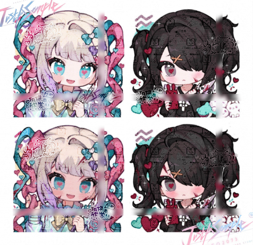 2girls :d ame-chan_(needy_girl_overdose) black_hair black_nails blonde_hair blood blood_on_face blood_on_weapon blue_bow blue_eyes blue_hair blurry blush bow chibi chouzetsusaikawa_tenshi-chan closed_mouth dual_persona gantian_mao_tang grey_eyes hair_bow hair_ornament hair_over_one_eye heart heart_in_eye highres holding holding_knife holding_phone knife long_hair long_sleeves looking_at_viewer multicolored_hair multiple_girls multiple_views nail_polish needy_girl_overdose open_mouth phone pink_bow pink_hair purple_bow quad_tails red_nails sample_watermark smile symbol_in_eye twintails upper_body watermark weapon x_hair_ornament