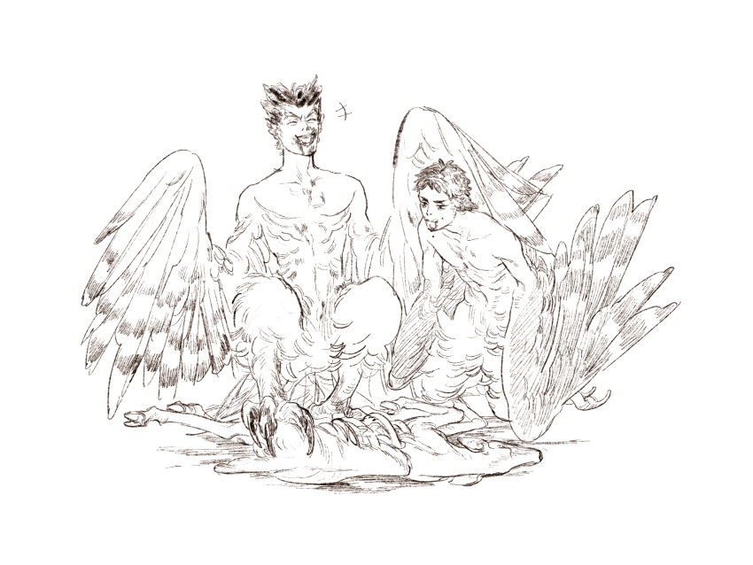+++ 2boys akaashi_keiji animal_feet bird_legs bird_tail bird_wings blood blood_on_face bokuto_koutarou carcass chengongzi123 closed_eyes dead_animal deer english_commentary fangs feather_hair feathered_wings full_body haikyuu!! harpy_boy highres kneeling licking_lips male_focus monochrome monster_boy monsterification multiple_boys open_mouth short_hair simple_background squatting tail talons tongue tongue_out very_short_hair white_background winged_arms wings