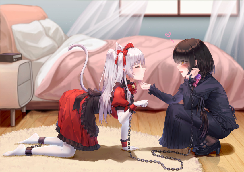 2girls absurdres animal_ears apron bed black_dress black_footwear black_hair blush bound bound_legs cat_ears cat_tail chain chain_leash commentary_request cuffs date_a_live dress hand_on_another's_chin highres holding holding_leash indoors leash leno^a^ long_hair maid_apron multiple_girls on_floor pantyhose red_dress shackles smile tail tokisaki_kurumi white_hair white_pantyhose