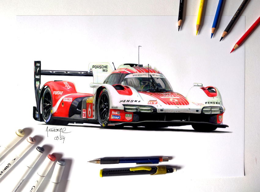 absurdres anthony-c art_tools_in_frame artist_name car colored_pencil colored_pencil_(medium) english_commentary highres ink_(medium) le_mans_prototype michelin michelin_man mobil1 motor_vehicle pen pencil photo_(medium) porsche porsche_963 puma_(brand) race_vehicle racecar radio_antenna shadow simple_background spoiler_(automobile) traditional_media vehicle_focus white_background world_endurance_championship