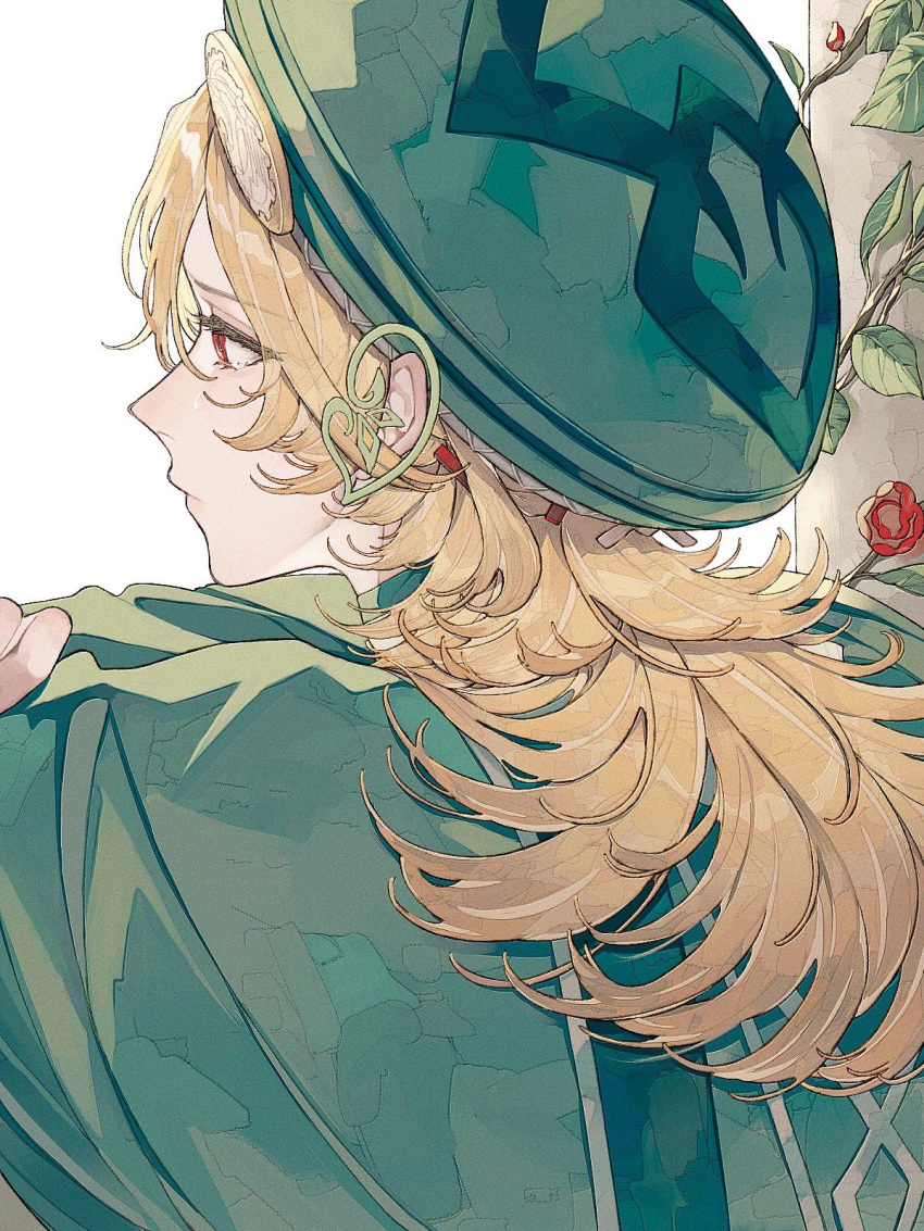 1boy akademiya_uniform akasha_terminal badge beret blonde_hair chiyu_(ixix_zzz) closed_mouth commentary crying eyelashes facing_away flower from_behind genshin_impact green_headwear green_robe hair_between_eyes hair_ornament hairclip hashtag_only_commentary hat highres kaveh_(genshin_impact) long_hair looking_ahead male_focus plant red_eyes red_flower robe sidelocks simple_background solo tears upper_body vines white_background