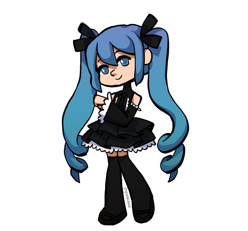 1girl black_dress black_footwear black_sleeves black_thighhighs blue_eyes blue_hair closed_mouth detached_sleeves dress drill_hair frilled_dress frilled_sleeves frills full_body hair_between_eyes hatsune_miku highres infinity_(module) long_hair looking_at_viewer medium_bangs paperisfood simple_background sleeveless sleeveless_dress smile solo thigh-highs twin_drills twintails very_long_hair vocaloid