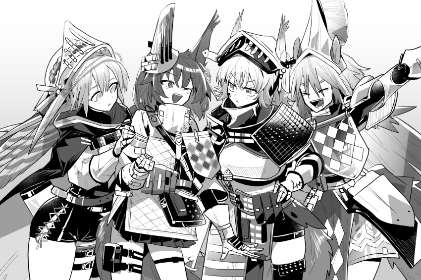 4girls :d :o ;d animal_ears arknights arm_up armor ashlock_(arknights) bird_girl clenched_hand closed_eyes fartooth_(arknights) feather_hair flametail_(arknights) gauntlets greyscale hair_between_eyes hand_on_own_hip hand_up iwashi_80 looking_at_another monochrome multiple_girls one_eye_closed pleated_skirt shirt shorts shoulder_armor simple_background skirt smile teeth upper_teeth_only visor_(armor) white_background wild_mane_(arknights)