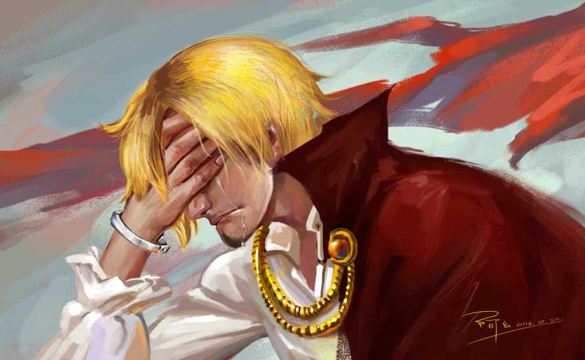1boy absurdres blonde_hair chinese_commentary closed_mouth commentary_request covering_own_eyes crying dated facial_hair from_side goatee highres ljjshmhday male_focus one_piece sanji_(one_piece) short_hair signature solo streaming_tears tears