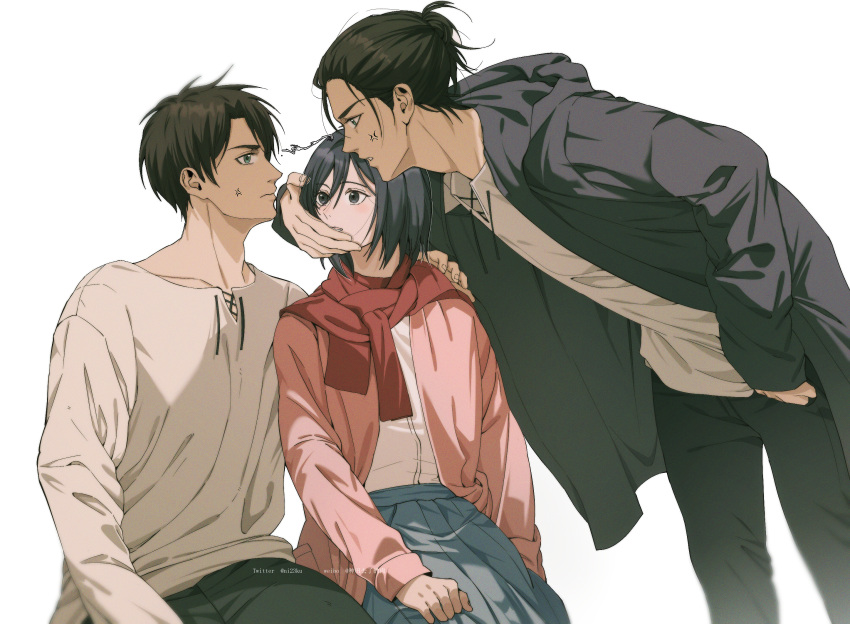 1girl 2boys anger_vein bent_over black_eyes black_hair black_hoodie chinese_commentary commentary_request covering_another's_mouth dual_persona eren_yeager frown green_eyes highres hood hoodie jacket mikasa_ackerman multiple_boys niku_(ni23ku) pink_jacket pleated_skirt red_scarf scarf shingeki_no_kyojin sitting skirt twitter_username weibo_username