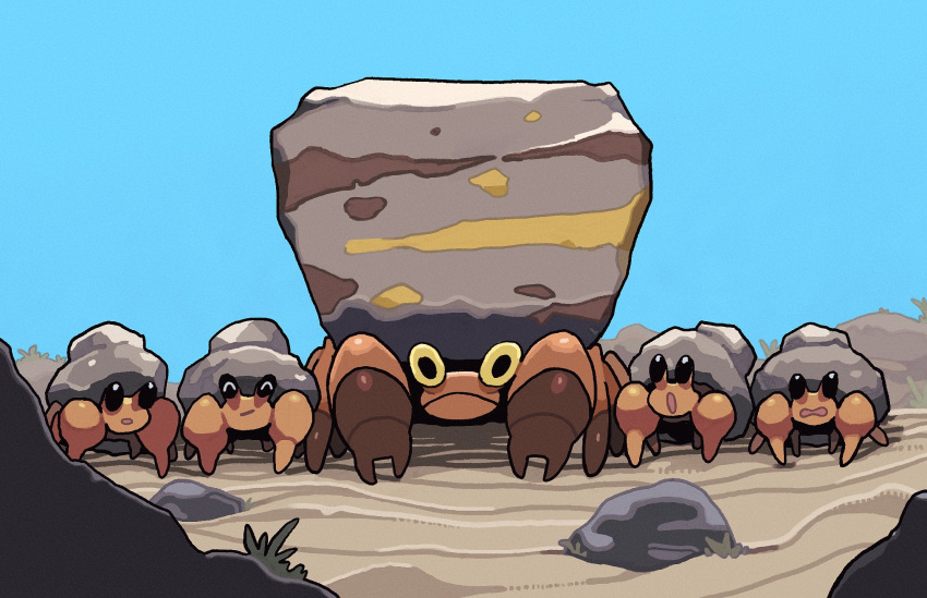 claws closed_mouth commentary_request crustle day desert dwebble evolutionary_line frown gogot highres looking_at_viewer no_humans outdoors pokemon pokemon_(creature) rock sand sky