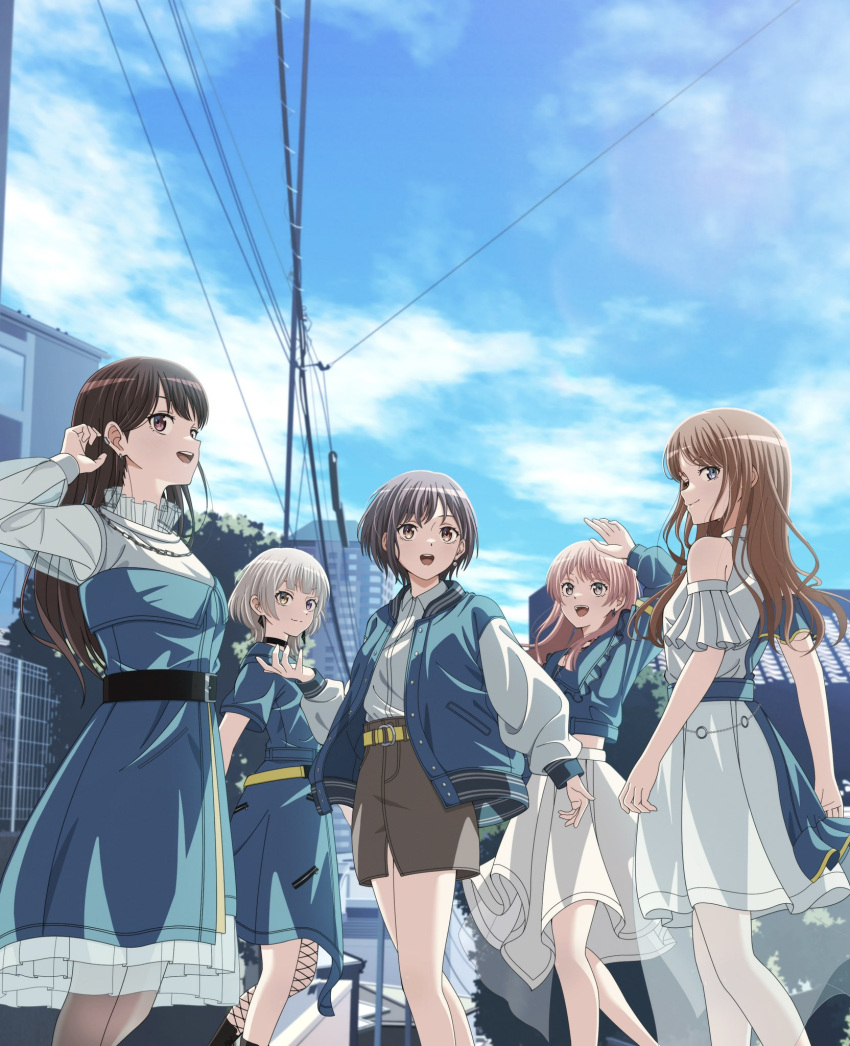 5girls arm_up bang_dream! bang_dream!_it's_mygo!!!!! belt belt_buckle black_belt black_choker black_footwear blue_belt blue_dress blue_eyes blue_jacket blue_skirt boots brown_eyes brown_hair buckle chihaya_anon choker cityscape closed_mouth clothing_cutout clouds collared_shirt commentary_request cropped_jacket day dress dress_shirt earclip earrings fishnet_thighhighs fishnets frilled_jacket frills grey_eyes grey_hair hair_behind_ear hetero highres jacket jewelry kaname_raana long_hair long_sleeves midriff multiple_girls mygo!!!!!_(bang_dream!) nagasaki_soyo official_art open_clothes open_jacket open_mouth outdoors pink_hair pleated_skirt power_lines see-through see-through_sleeves shiina_taki shirt short_hair shoulder_cutout sidelocks single_thighhigh skirt sky standing takamatsu_tomori teeth thigh-highs tucking_hair upper_teeth_only violet_eyes white_dress white_hair white_shirt white_skirt yasou0049 yellow_belt yellow_eyes
