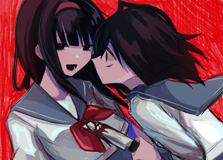 2girls black_eyes blood blood_on_knife blue_sailor_collar blue_skirt blunt_bangs brown_hair constricted_pupils hairband highres holding holding_knife knife light_blush long_hair long_sleeves looking_at_another looking_at_viewer lower_teeth_only medium_hair multiple_girls neckerchief no_mouth open_mouth original red_background red_hairband red_neckerchief sailor_collar shirt shizumu_(shi_zumu) skirt smile teeth white_shirt