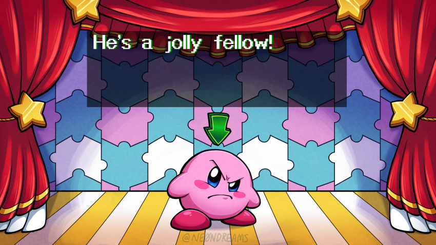 arrow_(symbol) blush_stickers colored_skin highres kirby kirby_(series) kirby_super_star looking_at_viewer ne0n no_humans pink_skin stage_curtains standing star_(symbol) twitter_username