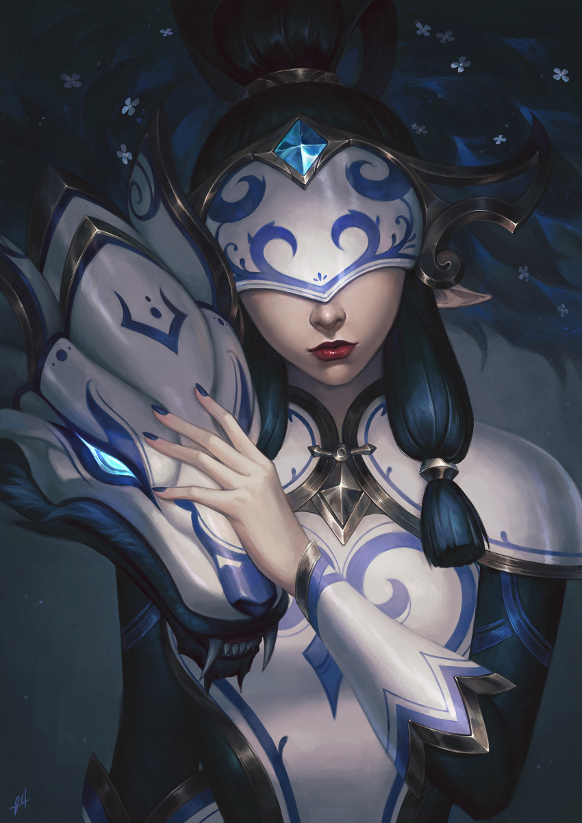 1girl 1other absurdres armor black_hair blue_nails covered_eyes dark_background eye_mask fangs glowing glowing_eyes hand_on_another's_head high_ponytail highres kgynh kindred_(league_of_legends) lamb_(league_of_legends) league_of_legends long_hair long_sleeves monster pointy_ears porcelain_kindred red_lips shoulder_armor upper_body wolf_(league_of_legends)