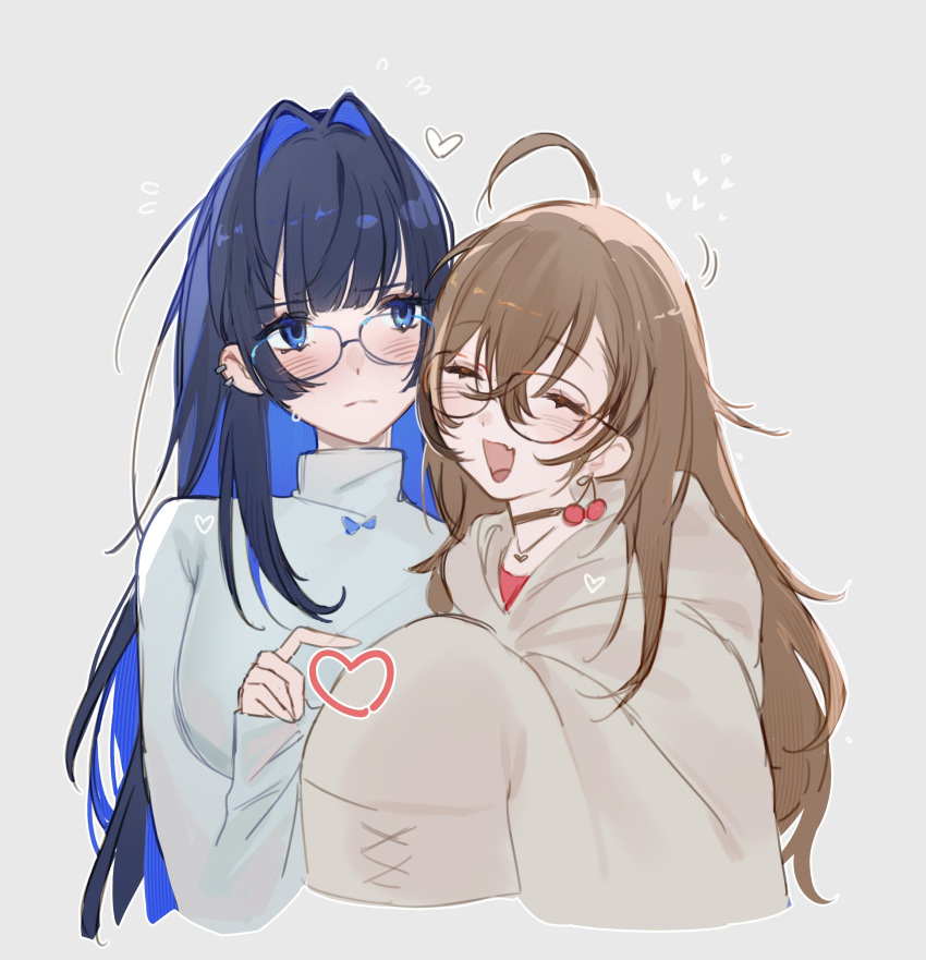 2girls :d ahoge black_choker blue-framed_eyewear blue_hair blue_sweater blush breasts brown-framed_eyewear brown_hair brown_hoodie cherry_earrings choker closed_eyes closed_mouth colored_inner_hair cropped_torso ear_piercing earrings facing_another flying_sweatdrops food-themed_earrings glasses hair_intakes heart highres hololive hololive_english hood hood_down hoodie index_finger_raised jewelry large_breasts light_frown linamik long_hair long_sleeves looking_at_another multicolored_hair multiple_girls nanashi_mumei open_mouth ouro_kronii outline pendant piercing red_shirt shirt sideways_glance simple_background sleeves_past_fingers sleeves_past_wrists smile straight_hair sweater turtleneck turtleneck_sweater very_long_hair white_background white_outline yuri
