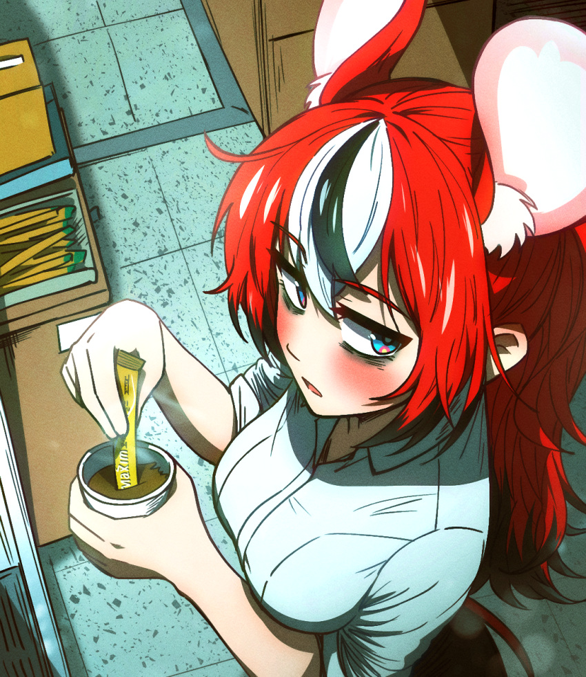1girl animal_ear_fluff animal_ears bags_under_eyes blue_eyes blush breasts coffee cup ddolbang disposable_cup ear_blush from_above hair_between_eyes hakos_baelz highres holding holding_cup hololive hololive_english long_hair looking_at_viewer medium_breasts mouse_ears mouse_tail multicolored_hair open_mouth ponytail product_placement redhead sleeves_rolled_up steam stirring streaked_hair tail virtual_youtuber