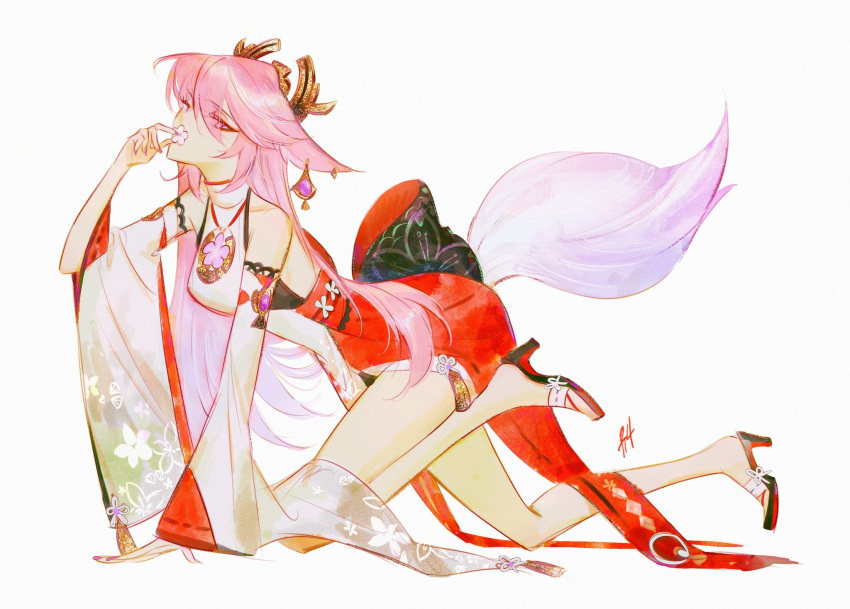 1girl all_fours animal_ears bare_legs bare_shoulders detached_sleeves earrings flower fox_ears full_body genshin_impact hair_ornament hand_to_own_mouth high_heels highres holding holding_flower jewelry kgynh long_hair long_sleeves looking_at_viewer necklace nontraditional_miko pink_hair pink_nails pink_tail sideways_glance simple_background solo tail violet_eyes white_background wide_sleeves yae_miko