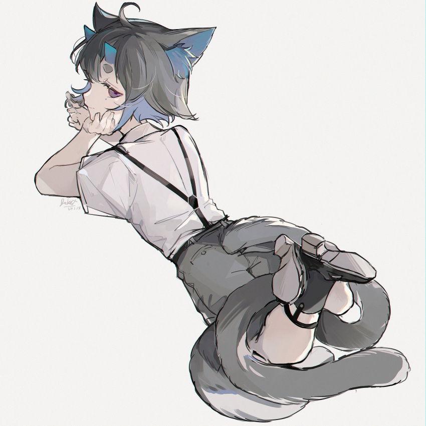 1boy animal_ear_fluff animal_ears ankle_boots artist_name black_footwear black_hair blue_hair boots cat_ears child collared_shirt demon_horns dokex_xx grey_shorts grey_tail head_on_hand highres horns lying male_focus mole mole_under_eye multicolored_hair multiple_tails on_stomach original shirt short_hair shorts simple_background solo suspenders tail two-tone_hair violet_eyes white_background white_shirt