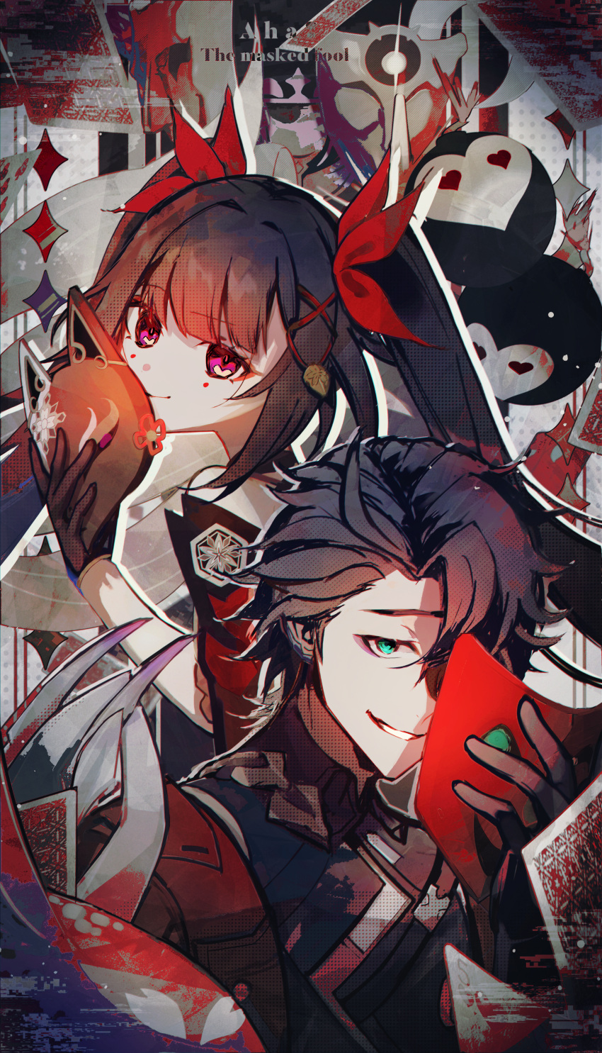 1boy 1girl :d absurdres black_gloves black_hair black_shirt bow brown_hair card closed_mouth commentary_request fox_mask gloves green_eyes grin hair_bow halftone highres holding holding_mask honkai:_star_rail honkai_(series) jacket long_bangs long_hair looking_at_viewer mask one_eye_closed open_clothes open_jacket open_mouth ozuro_(orzbone2008) parted_bangs pink_eyes playing_card red_bow red_jacket revision sampo_koski shirt short_hair sidelocks smile sparkle_(honkai:_star_rail) teeth twintails upper_body