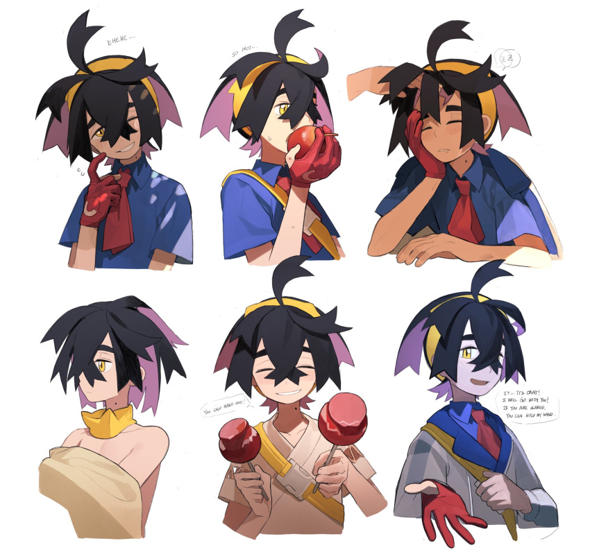1boy 1other apple black_hair blue_shirt blush candy_apple closed_eyes closed_mouth collared_shirt crossed_bangs eating english_text flying_sweatdrops food fruit gloves hair_between_eyes highres holding holding_food holding_fruit jacket japanese_clothes kieran_(pokemon) knifedragon long_sleeves male_focus mole mole_on_neck multicolored_hair multiple_views one_eye_closed orange_eyes parted_lips partially_fingerless_gloves pokemon pokemon_sv purple_hair red_gloves shirt short_sleeves simple_background single_glove sweat topless_male upper_body white_background