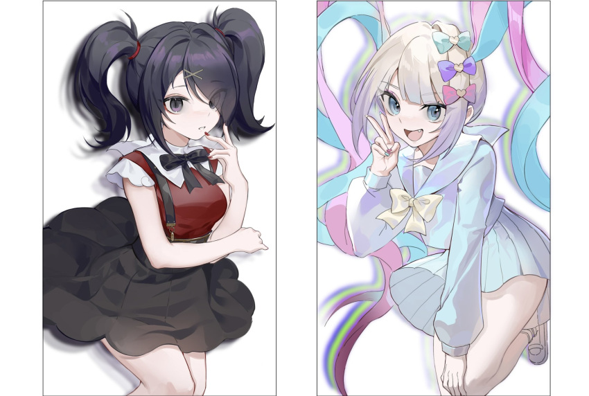 2girls :d ame-chan_(needy_girl_overdose) black_hair black_nails black_ribbon black_skirt blonde_hair blue_bow blue_eyes blue_hair blue_nails blue_serafuku blue_shirt blue_skirt bow breasts chouzetsusaikawa_tenshi-chan collared_shirt dual_persona eyes_visible_through_hair fang hair_bow hair_ornament hair_over_one_eye hand_on_own_knee hand_up heart highres long_hair long_sleeves looking_at_viewer medium_breasts multicolored_hair multiple_girls nail_polish neck_ribbon needy_girl_overdose open_mouth pink_bow pink_hair pink_nails pleated_skirt purple_bow quad_tails red_nails red_shirt ribbon school_uniform serafuku shirt simple_background skirt smile standing standing_on_one_leg suspender_skirt suspenders twintails v very_long_hair violet_eyes white_background x_hair_ornament yellow_nails yuyullllo