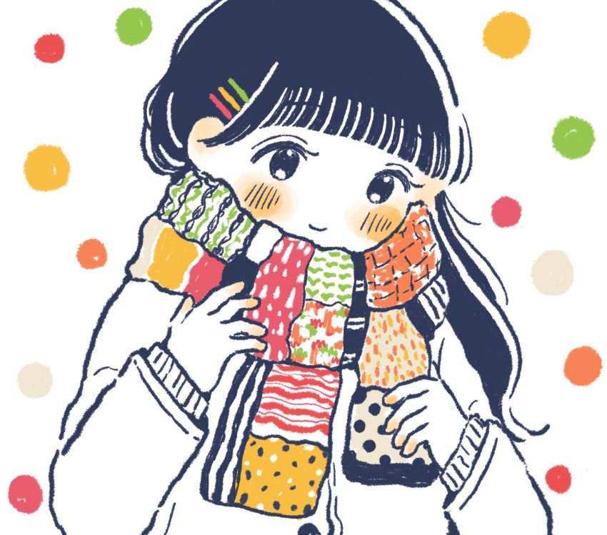 1girl black_eyes black_hair blush_stickers closed_mouth green_scarf hair_behind_ear hair_ornament hairpin hands_on_own_chest highres humi_natsu jacket long_bangs long_hair long_sleeves looking_down multicolored_clothes multicolored_scarf orange_scarf original polka_dot polka_dot_background red_scarf scarf simple_background smile solo straight_hair upper_body white_background white_jacket wispy_bangs