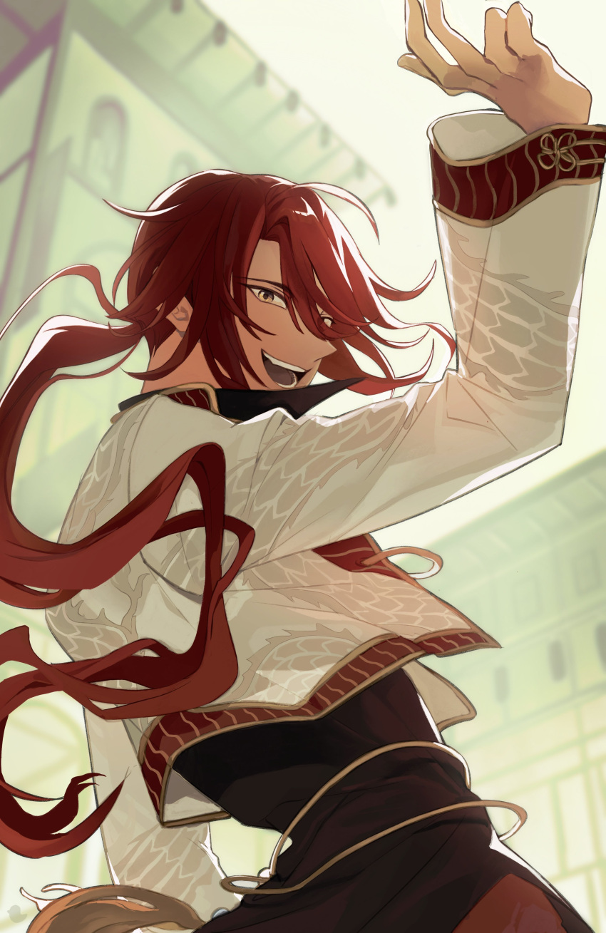 1boy aaron_wei absurdres ahoge building cropped_jacket curtained_hair eiyuu_densetsu floating_clothes floating_hair hair_between_eyes highres kuro_no_kiseki looking_at_viewer open_mouth outdoors parted_bangs ponytail redhead reronart smile solo