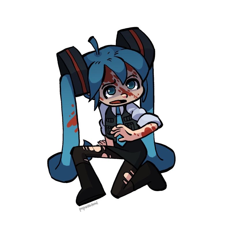 1girl ahoge black_footwear black_skirt blood blood_on_face blue_eyes blue_hair blue_necktie boots bulletproof_vest collared_shirt full_body hair_ornament hatsune_miku highres long_hair looking_afar medium_bangs necktie open_mouth pantyhose paperisfood pencil_skirt shaded_face shirt simple_background skirt sleeves_rolled_up solo squatting torn_clothes torn_pantyhose transparent_background twintails very_long_hair vocaloid white_shirt