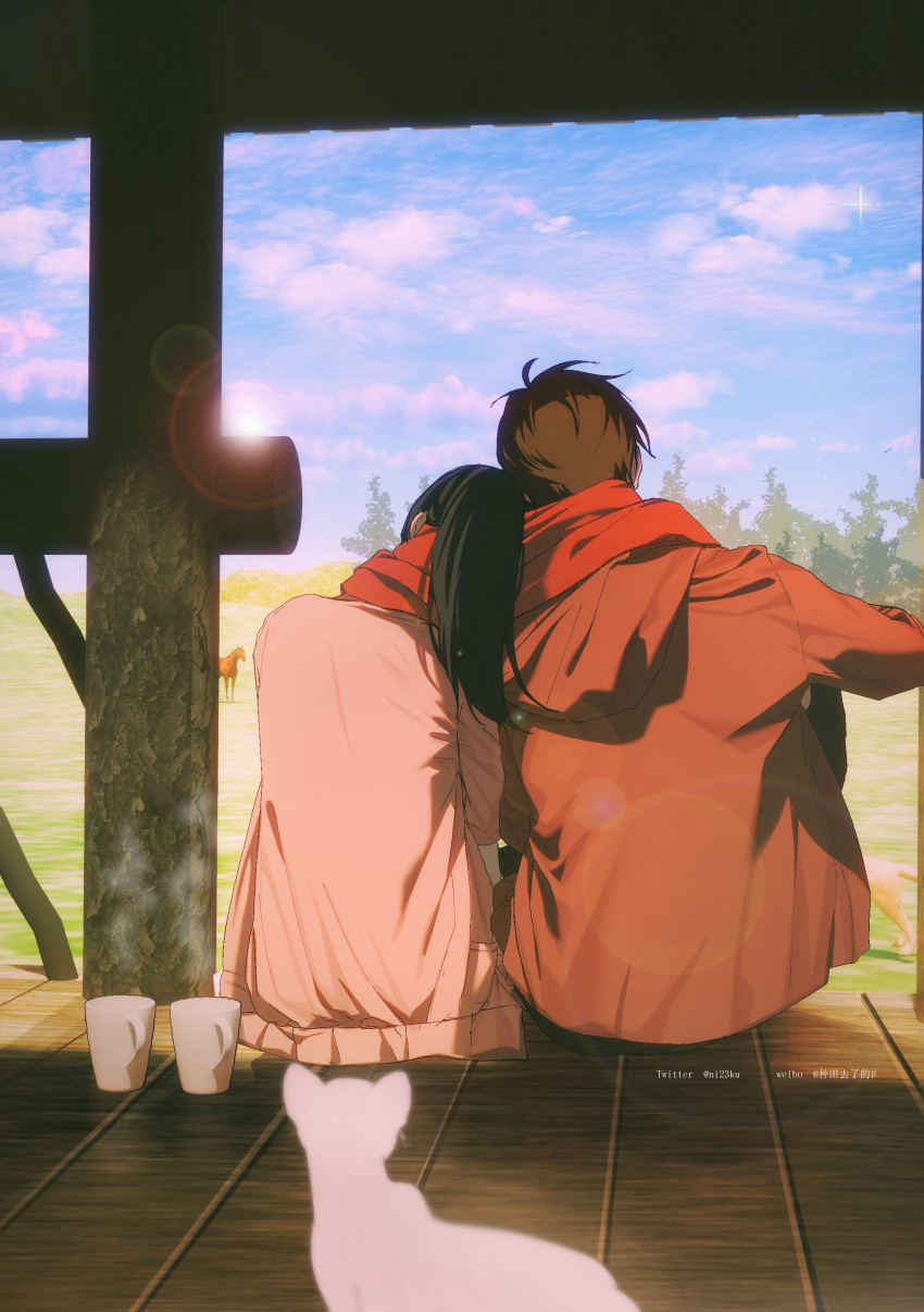 1boy 1girl absurdres alternate_universe black_hair blue_sky brown_hair brown_jacket cat chinese_commentary clouds commentary_request cup eren_yeager from_behind head_on_another's_shoulder hetero highres hood hooded_jacket horse jacket lens_flare mikasa_ackerman niku_(ni23ku) pink_jacket ponytail porch shingeki_no_kyojin sitting sky steam sun tree