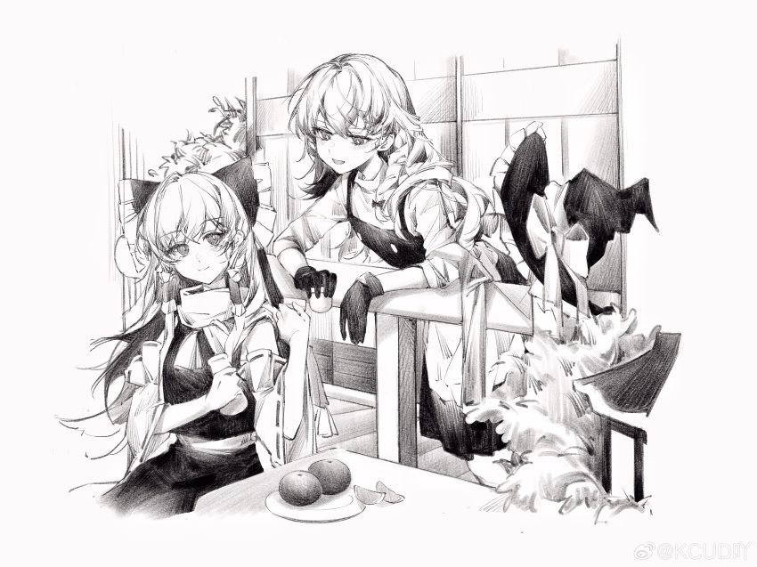 2girls absurdres against_railing apron bow chinese_commentary choko_(cup) closed_mouth commentary_request cup detached_sleeves food frilled_bow frilled_hair_tubes frilled_hat frills fruit gloves greyscale hair_bow hair_tubes hakurei_reimu hat hat_bow hatching_(texture) highres holding kirisame_marisa leaning linear_hatching long_hair looking_at_another mandarin_orange monochrome multiple_girls open_mouth orange_(fruit) orange_slice plate railing ribbon-trimmed_sleeves ribbon_trim scarf shirt sitting sketch skirt sleeveless sleeveless_shirt sleeves_pushed_up smile standing tokkuri touhou unworn_hat unworn_headwear vest waist_apron watermark weibo_logo witch_hat ya17033999