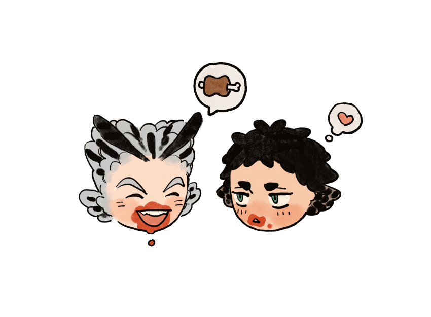 2boys akaashi_keiji bird_boy black_hair blood blood_on_face bokuto_koutarou boned_meat chengongzi123 closed_eyes cropped_head english_commentary facing_away feather_hair food green_eyes grey_hair haikyuu!! heart highres looking_at_another male_focus meat multicolored_hair multiple_boys open_mouth simple_background spoken_food streaked_hair thick_eyebrows thought_bubble white_background