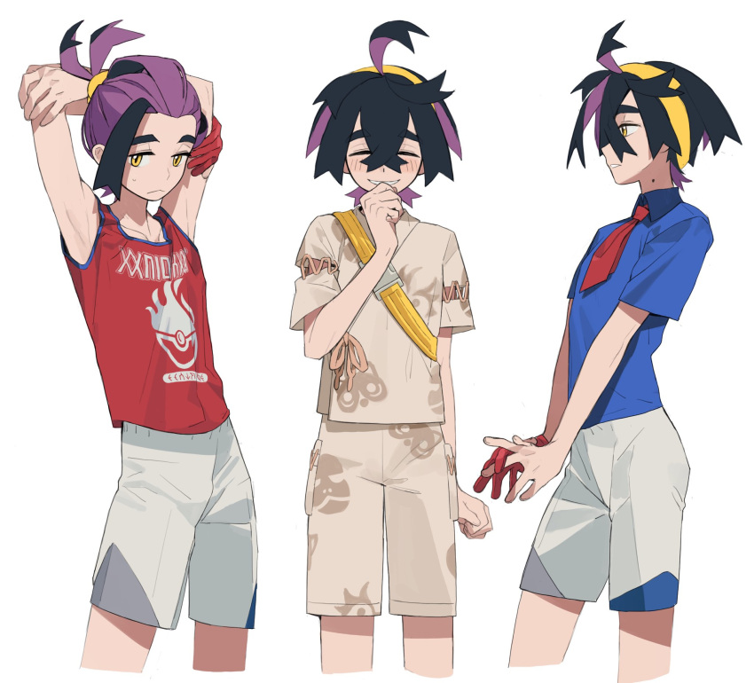 1boy arms_up black_hair blue_shirt blush closed_mouth collared_shirt gloves highres japanese_clothes kieran_(pokemon) knifedragon male_focus mole mole_on_neck multicolored_hair multiple_views orange_eyes own_hands_together parted_lips partially_fingerless_gloves pokemon pokemon_sv purple_hair red_gloves red_tank_top shirt short_sleeves shorts simple_background single_glove sweat tank_top white_background