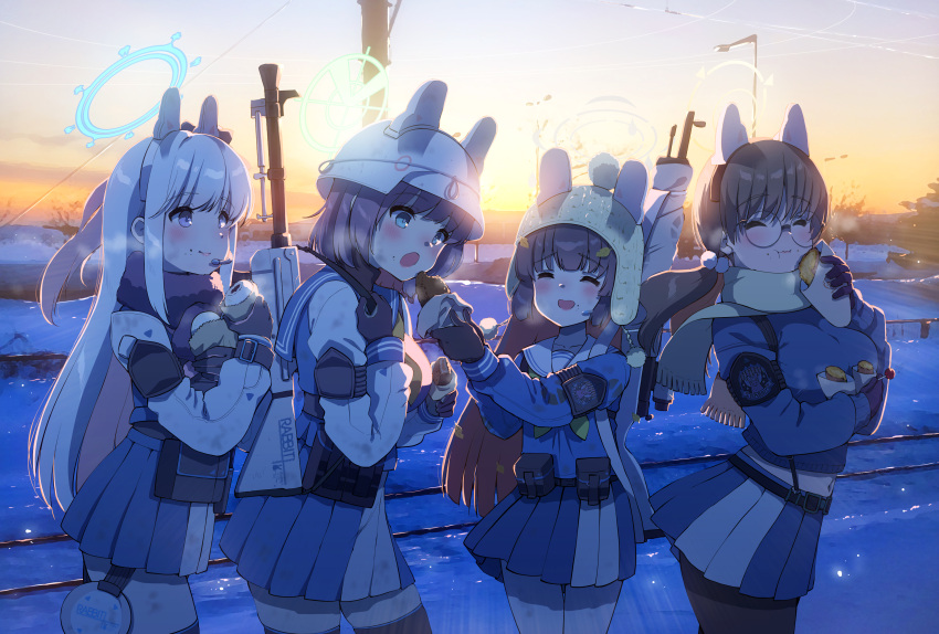 4girls absurdres animal_ears black_gloves black_hair black_pantyhose blue_archive blue_halo blue_sailor_collar blue_serafuku blue_skirt blue_sweater blush breasts brown_hair closed_eyes closed_mouth combat_helmet earpiece eating fake_animal_ears flat_chest food fringe_trim glasses gloves green_eyes green_halo green_neckerchief green_scarf grey_hair grey_halo halo helmet highres holding holding_food large_breasts long_hair long_sleeves miyako_(blue_archive) miyu_(blue_archive) moe_(blue_archive) multiple_girls neckerchief open_mouth outdoors pantyhose pink_neckerchief pleated_skirt pom_pom_(clothes) rabbit_ears rabbit_platoon_(blue_archive) round_eyewear sailor_collar saki_(blue_archive) sarfata scarf school_uniform serafuku short_hair skirt smile stahlhelm sweater twintails two-tone_skirt violet_eyes white_headwear white_pantyhose white_sailor_collar white_skirt yellow_halo yellow_neckerchief