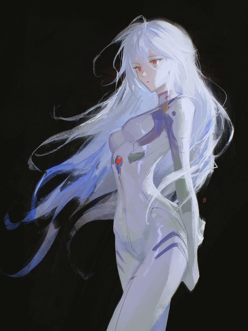 1girl arms_behind_back ayanami_rei black_background blue_hair bodysuit breasts closed_mouth cowboy_shot dark_background highres kgynh light_blue_hair long_hair multicolored_hair neon_genesis_evangelion plugsuit red_eyes simple_background small_breasts solo white_bodysuit white_hair