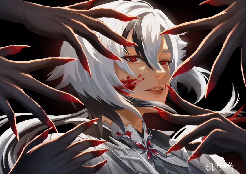 1girl absurdres arlecchino_(genshin_impact) black_eyes black_hair blood blood_on_face coat commentary eltdoa genshin_impact hair_between_eyes highres long_hair looking_at_viewer multicolored_hair parted_lips pink_lips portrait streaked_hair white_coat white_hair