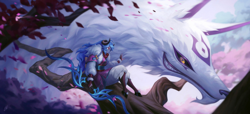 1girl 1other absurdres belt blue_belt blue_hair boots bow_(weapon) covered_face falling_petals fur-trimmed_jacket fur_trim gloves goat_horns grin hand_up highres holding holding_bow_(weapon) holding_weapon hooves horns in_tree jacket japanese_clothes kgynh kimono kindred_(league_of_legends) knee_boots lamb_(league_of_legends) league_of_legends long_hair long_sleeves mask monster nature obi outdoors pants partially_fingerless_gloves petals petting pink_kimono sash sharp_teeth sitting sitting_in_tree smile solo spirit_blossom_(league_of_legends) spirit_blossom_kindred teeth tree weapon white_mask white_pants wolf_(league_of_legends) yellow_eyes
