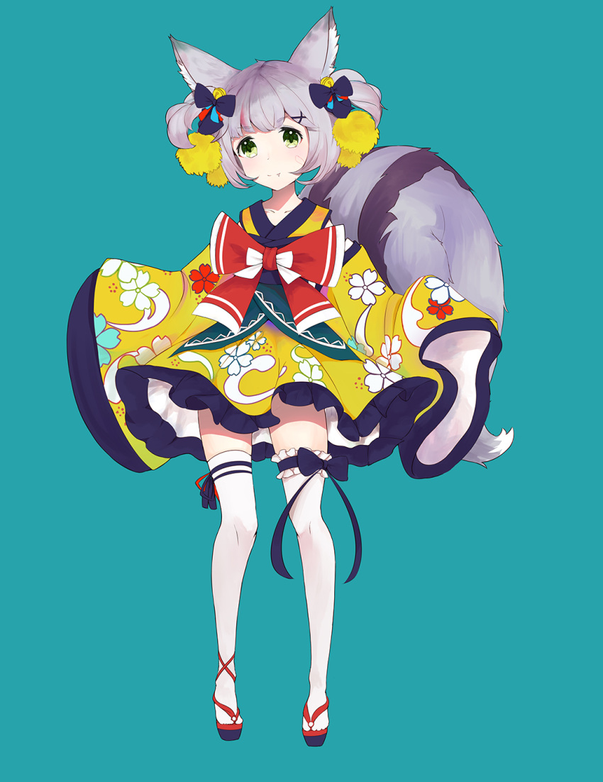 1girl 999kun animal_ears blue_background blush bow closed_mouth floral_print full_body green_eyes grey_hair hair_bow hair_ornament highres japanese_clothes kimono lolita_fashion long_sleeves looking_at_viewer original red_bow ribbon sandals short_hair simple_background sleeves_past_fingers sleeves_past_wrists solo squirrel_ears squirrel_girl squirrel_tail standing tail thigh-highs wa_lolita white_thighhighs wide_sleeves