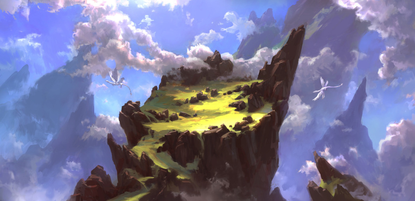 above_clouds absurdres blue_sky clouds commentary davidfrasheski day dragon english_commentary fantasy flying from_above highres multiple_wings no_humans original outdoors rock scenery sky wings