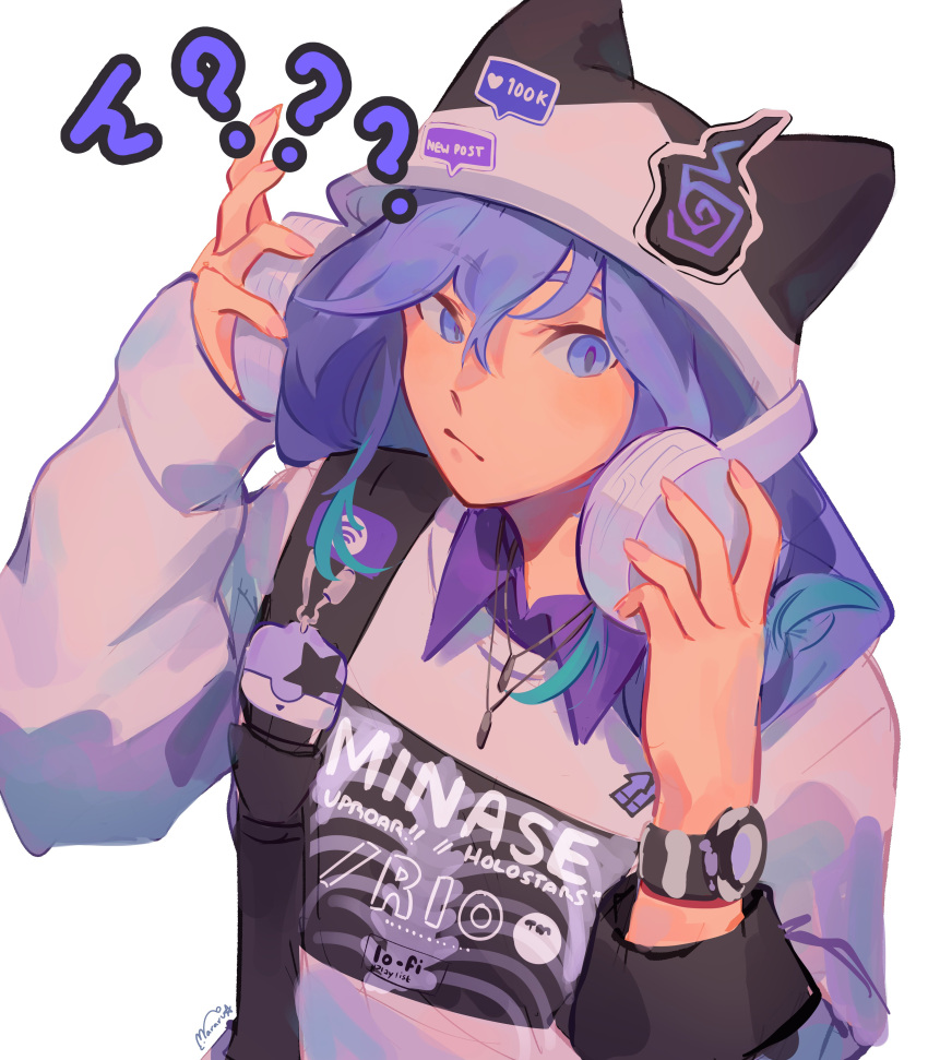 1boy ? ?? absurdres aqua_hair english_commentary hair_between_eyes hands_on_headphones hat headphones_over_headwear highres hitodama holostars jewelry long_hair looking_to_the_side male_focus mararu minase_rio multicolored_hair purple_hair slit_pupils solo streaked_hair upper_body violet_eyes virtual_youtuber watch watch white_background
