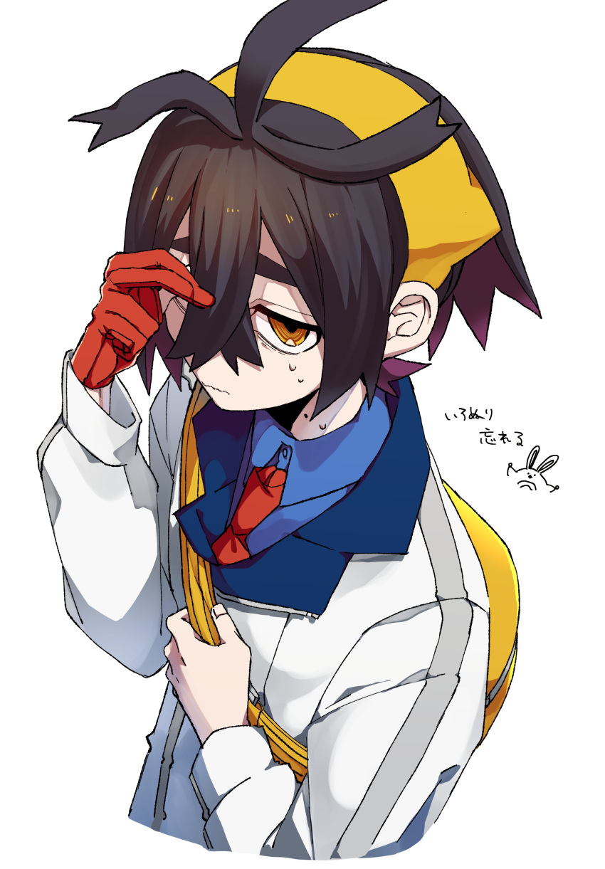 1boy absurdres black_hair blue_shirt bujin_bb closed_mouth collared_shirt crossed_bangs gloves hair_between_eyes highres jacket kieran_(pokemon) long_sleeves looking_at_viewer male_focus mole mole_on_neck necktie orange_eyes pokemon pokemon_sv purple_hair red_gloves red_necktie sentret shirt simple_background single_glove solo sweat upper_body wavy_mouth white_background white_jacket yellow_bag