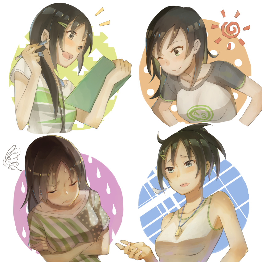 4girls aoki_kei aoki_mei aoki_rei aoki_sei arms_at_sides black_hair blush border breasts clipboard closed_eyes closed_mouth collarbone commentary_request crossed_arms fingernails hair_ornament hairclip hand_up hands_on_own_hips hands_up highres holding holding_clipboard holding_pencil idolmaster idolmaster_cinderella_girls kokku-san large_breasts leaning leaning_forward light_smile long_hair mechanical_pencil medium_bangs medium_breasts medium_hair multicolored_clothes multicolored_shirt multiple_girls notice_lines one_eye_closed open_mouth outside_border parted_bangs pencil pink_nails puff_of_air round_border shirt siblings sidelocks sisters small_breasts smile split_mouth squiggle straight_hair sun sweatdrop t-shirt tank_top tongue trainer_(idolmaster) upper_body v-neck whistle whistle_around_neck white_tank_top