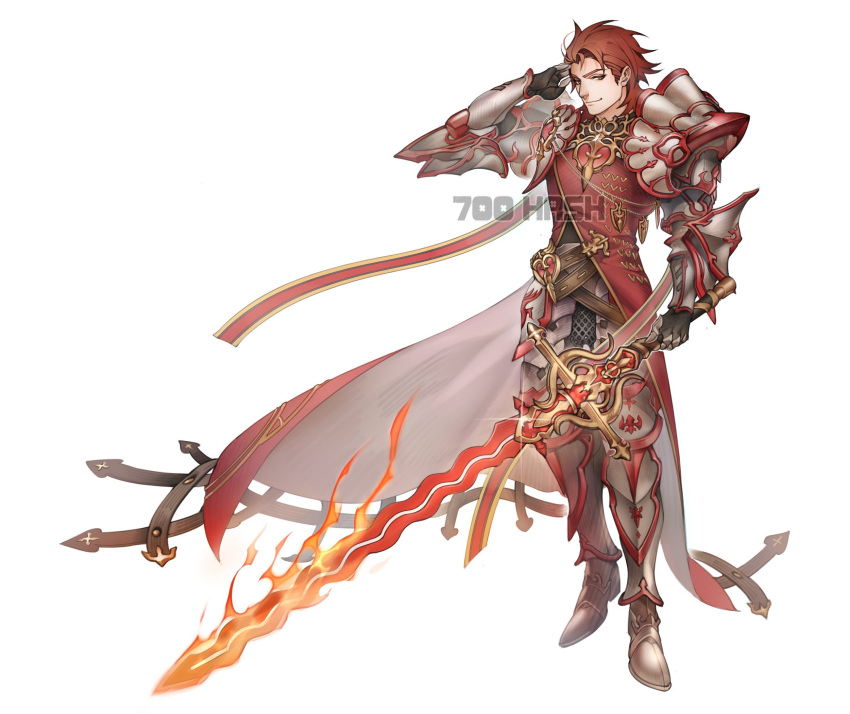 1boy 700hash armor armored_boots artist_name boots closed_mouth fire gauntlets granblue_fantasy highres holding holding_sword holding_weapon looking_at_viewer male_focus pauldrons percival_(granblue_fantasy) red_armor redhead short_hair shoulder_armor simple_background smile solo sword weapon white_background