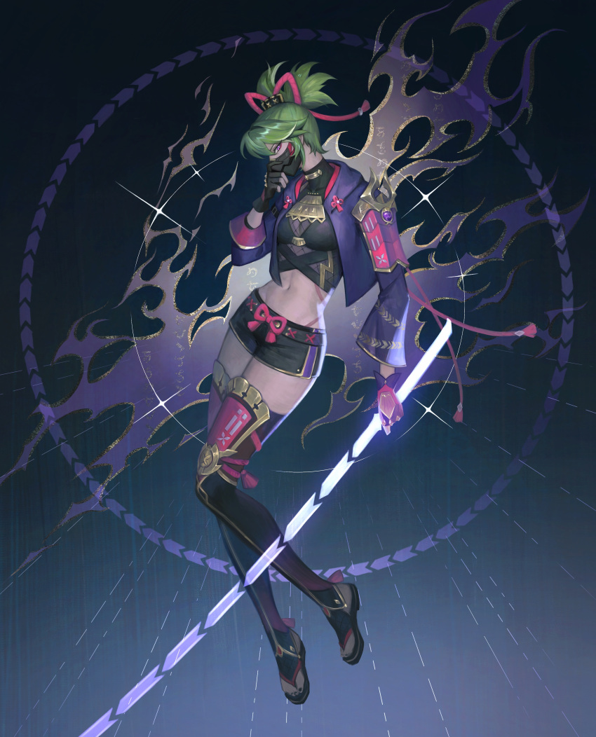 1girl absurdres black_background black_shirt black_shorts black_thighhighs bridal_legwear cropped_jacket full_body genshin_impact gradient_background green_hair hand_on_mask hand_on_own_face highres holding jacket kgynh kuki_shinobu long_sleeves looking_at_viewer magic mask medium_hair midriff mouth_mask multicolored_background navel ninja_mask purple_jacket shirt short_shorts shorts simple_background solo sparkle swept_bangs thigh-highs turtleneck violet_eyes
