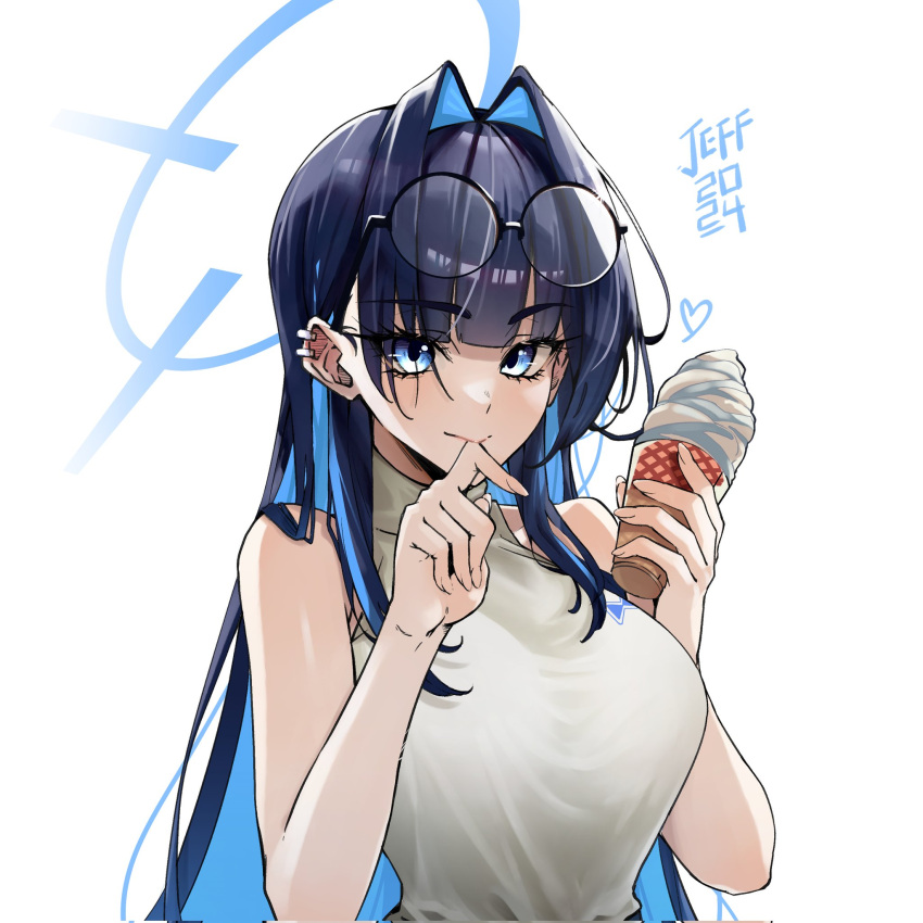 1girl bare_shoulders black-framed_eyewear black_hair blue_eyes blue_hair blush breasts closed_mouth colored_inner_hair ear_blush ear_piercing eyewear_on_head finger_to_mouth food glasses hair_intakes halo hand_up heart highres holding holding_food holding_ice_cream hololive hololive_english ice_cream jeffraeson large_breasts long_bangs long_hair looking_at_viewer multicolored_hair ouro_kronii piercing round_eyewear shirt sidelocks simple_background sleeveless sleeveless_shirt smile solo straight_hair turtleneck_shirt upper_body virtual_youtuber white_background white_shirt