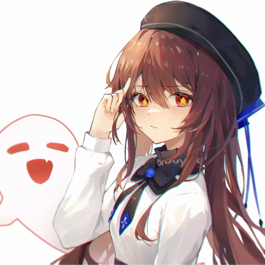 1girl alternate_costume beret black_bow black_bowtie black_headwear boo_tao_(genshin_impact) bow bowtie brown_hair closed_mouth commentary_request expressionless flower-shaped_pupils genshin_impact ghost hair_between_eyes hand_up hat highres hu_tao_(genshin_impact) index_finger_raised long_hair long_sleeves looking_at_viewer red_eyes shirt simple_background solo symbol-shaped_pupils upper_body very_long_hair white_background white_shirt zyc1759606674