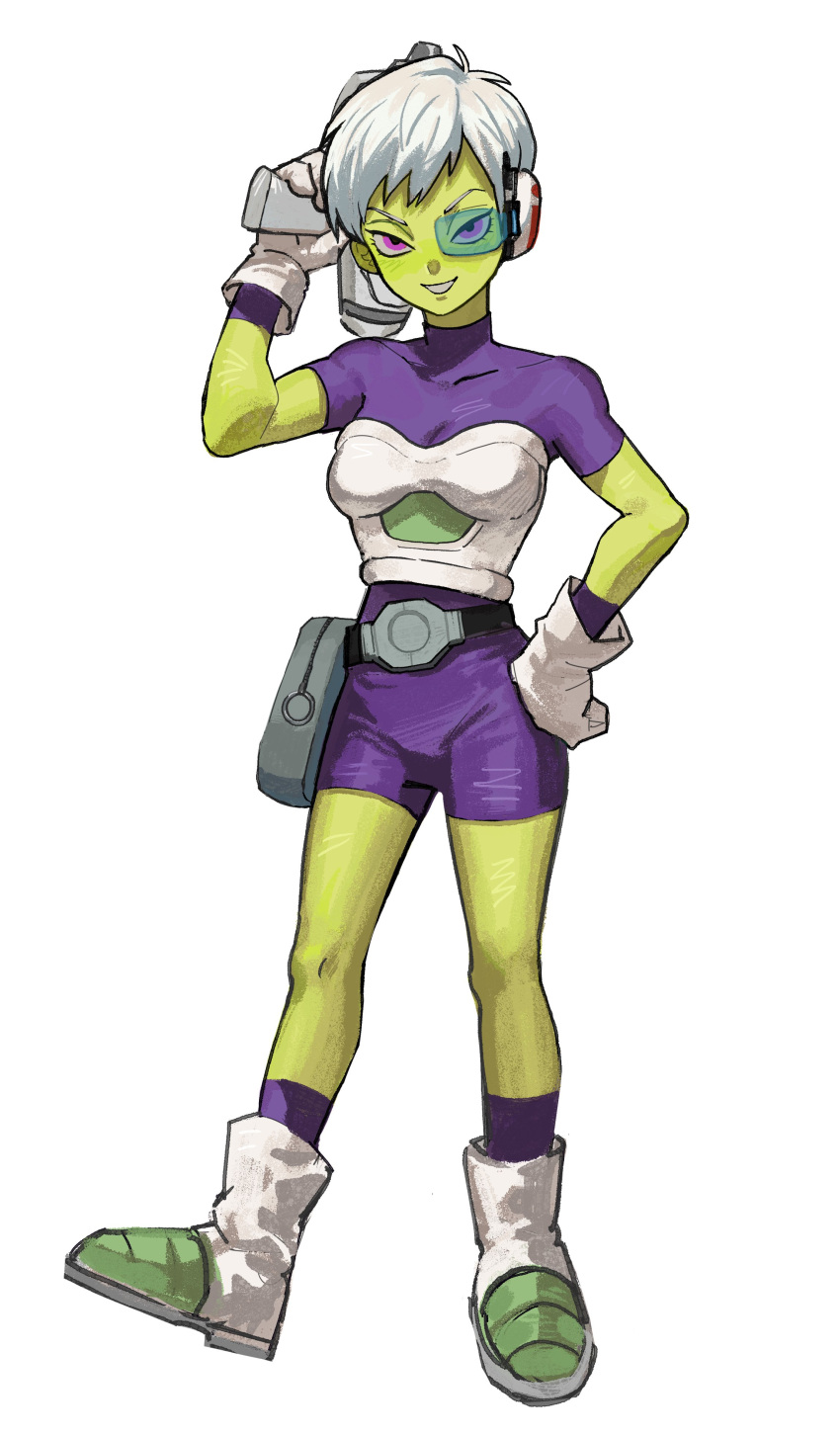 1girl absurdres belt boots breasts cheelai colored_skin commentary_request dragon_ball dragon_ball_super dragon_ball_super_broly full_body gloves green_skin gun hand_on_own_hip highres holding holding_gun holding_weapon leotard ma2_ereki medium_breasts pink_eyes pouch purple_leotard scouter short_hair solo weapon white_gloves white_hair