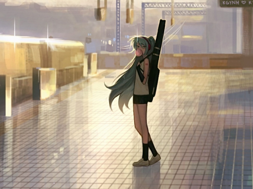 1girl alternate_costume aqua_hair black_socks casual hatsune_miku highres instrument_case instrument_on_back kgynh long_hair looking_at_viewer looking_to_the_side shirt shorts shoulder_tattoo sleeveless sleeveless_shirt socks solo standing tattoo tile_floor tiles twintails vocaloid white_shirt