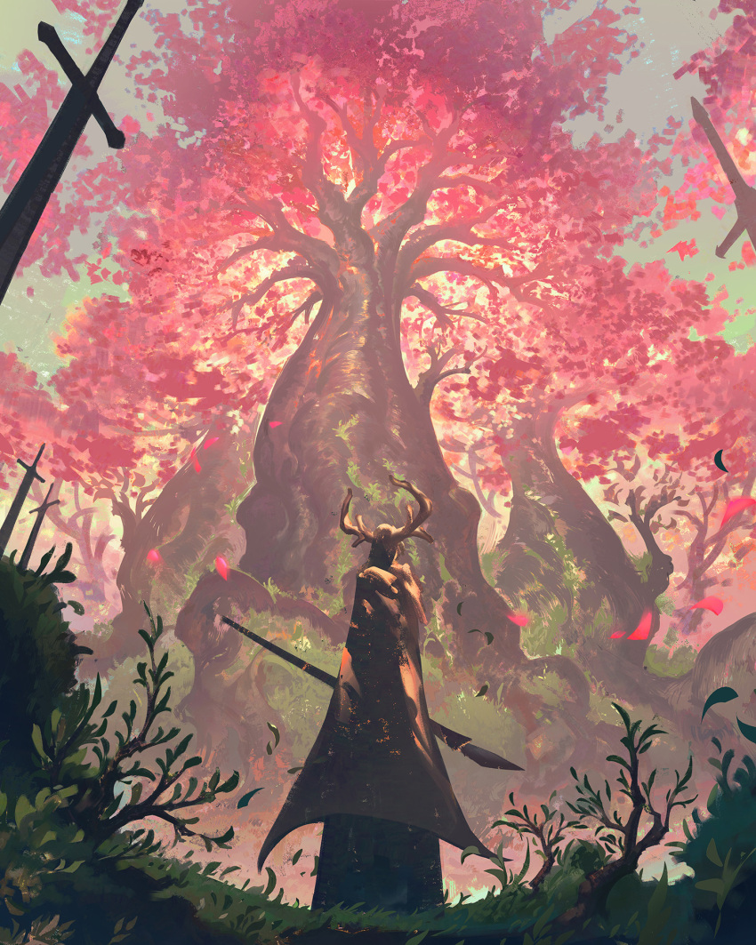 1other ambiguous_gender blue_sky brown_cloak cloak commentary day english_commentary facing_away falling_leaves fantasy forest from_below grass highres holding holding_polearm holding_weapon hood hood_up hooded_cloak horns landscape leaf moss nature original outdoors photoshop_(medium) planted planted_sword polearm richardlay scenery sky spear standing sword tree weapon wide_shot