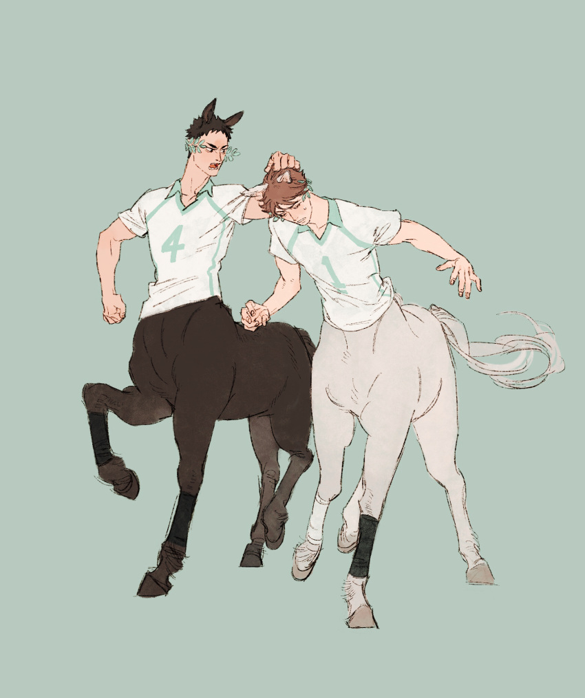 2boys animal_ears black_eyes brown_hair centaur chengongzi123 collared_shirt commentary full_body grabbing_another's_hair green_background haikyuu!! hand_up highres hooves horse_ears horse_tail iwaizumi_hajime laurel_crown looking_at_another male_focus monster_boy monsterification multiple_boys oikawa_tooru open_mouth scolding shirt short_hair short_sleeves simple_background sportswear standing symbol-only_commentary t-shirt tail taur very_short_hair volleyball_uniform walking white_shirt